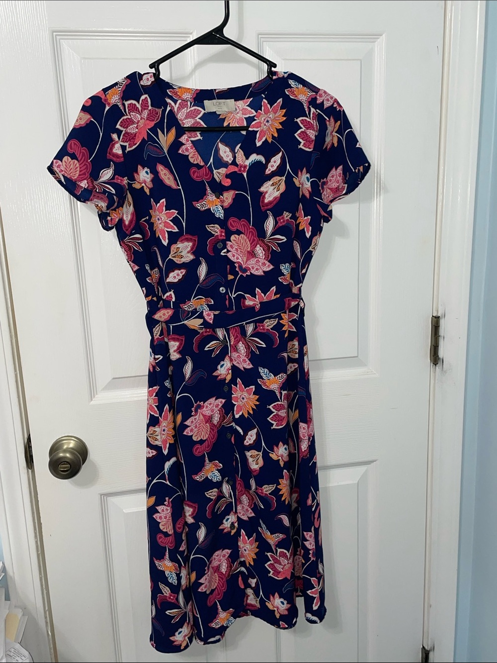 LOFT Navy Midi Button-Down Floral Print Dress